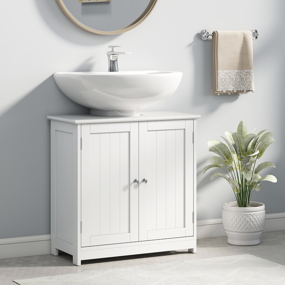 image 1 of kleankin Under Sink Bathroom Cabinet, Freestanding Under Sink Cabinet with 2 Doors and Adjustable Shelf for Basin without or with Pedestal, White | White | White