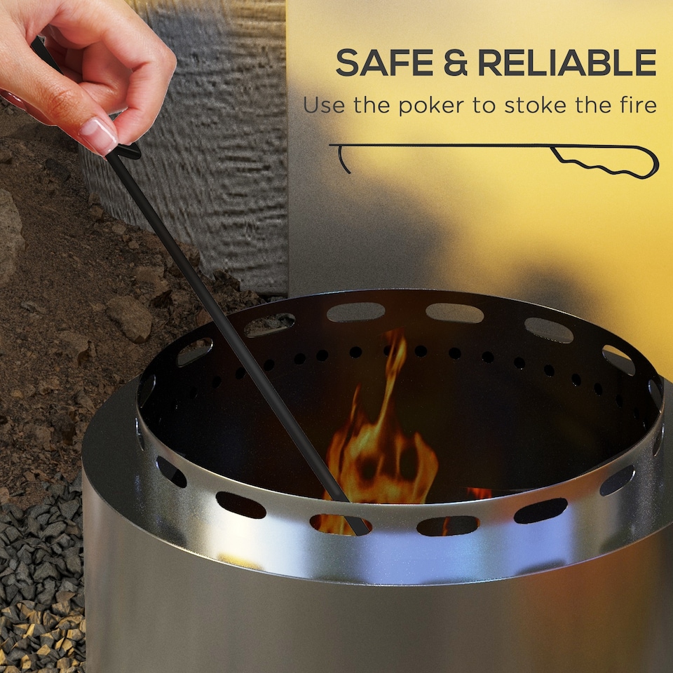 image 1 of Outsunny Smokeless Fire Pit, 48.5cm Portable Wood Burning Firepit with Poker for Garden Camping Bonfire Party, Stainless Steel, Silver