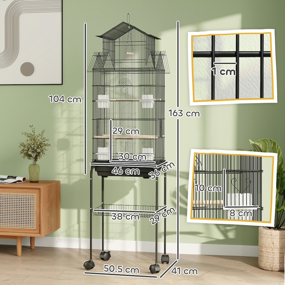 image 1 of PawHut Bird Cage Budgie Cage with Stand Slide Tray Handle for Finch Canary 43 x 32.5 x 163cm Black