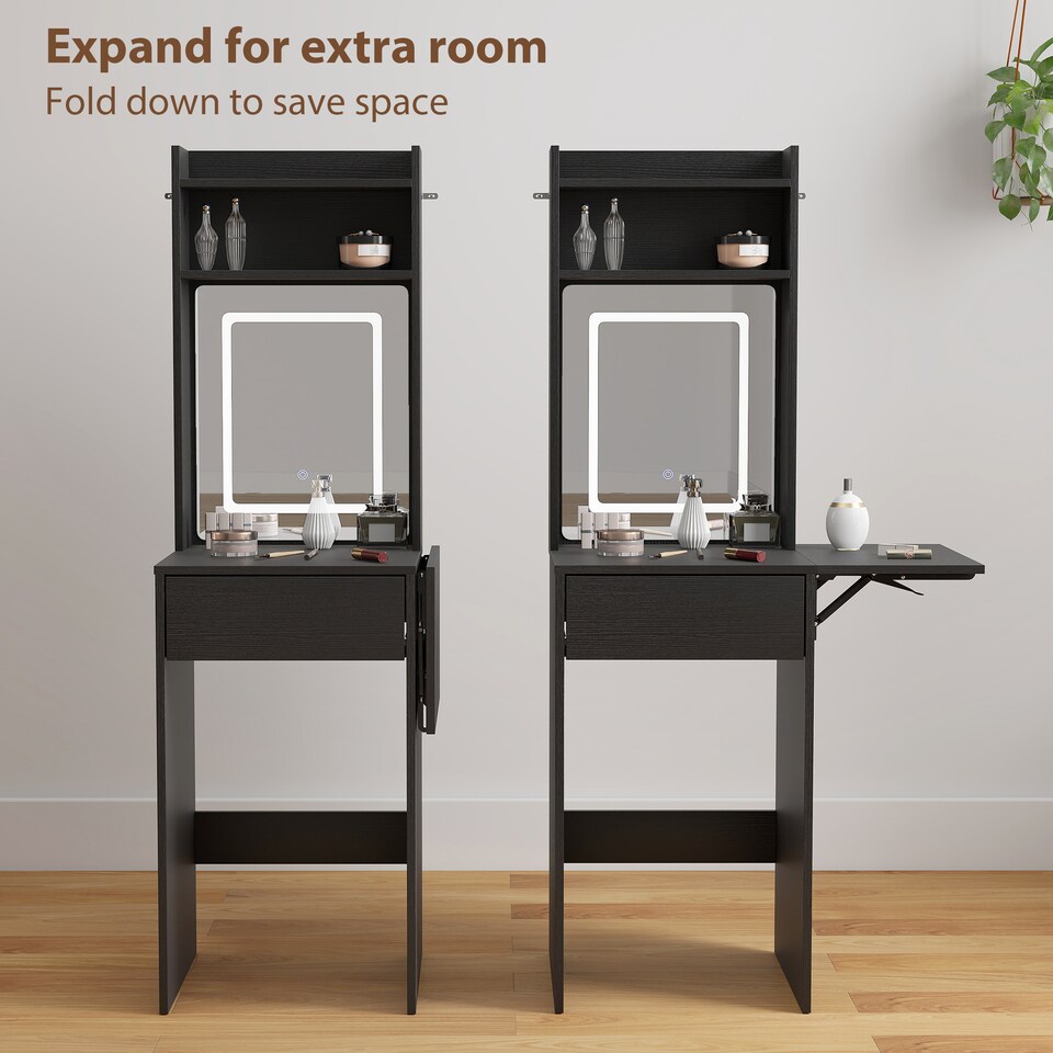image 1 of HOMCOM Compact Dressing Table with Lighted Mirror Open Shelves Drawer | Black