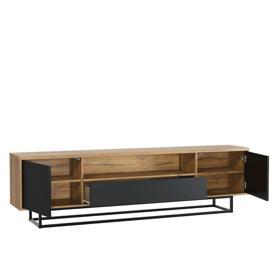 image 1 of TV Unit Sideboard Cabinet Storage Cabinet Oak Black Matt Media Console Stand 200cm