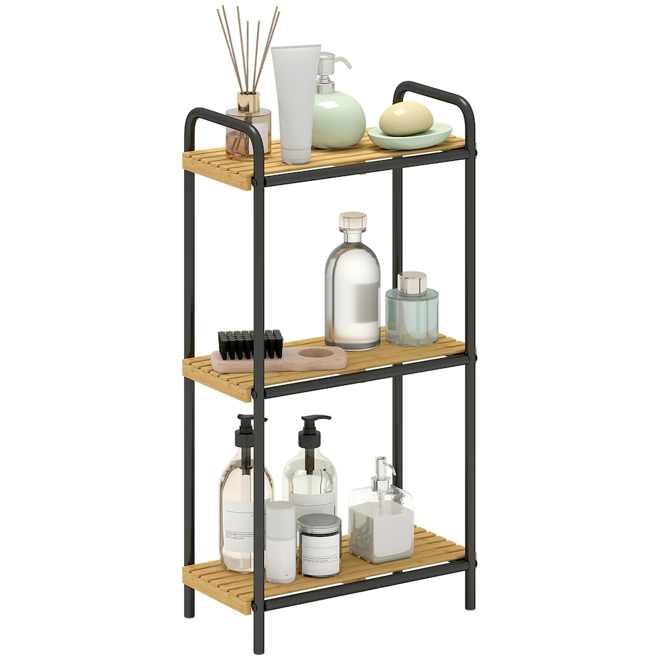 image 1 of HOMCOM 3-Tier Bamboo Bathroom Storage Shelf, Freestanding Narrow Shelving Unit with Slatted Shelves for Kitchen Bathroom Living Room, 41.5 x 21.5 x 77.5 cm, Natural and Black | Black