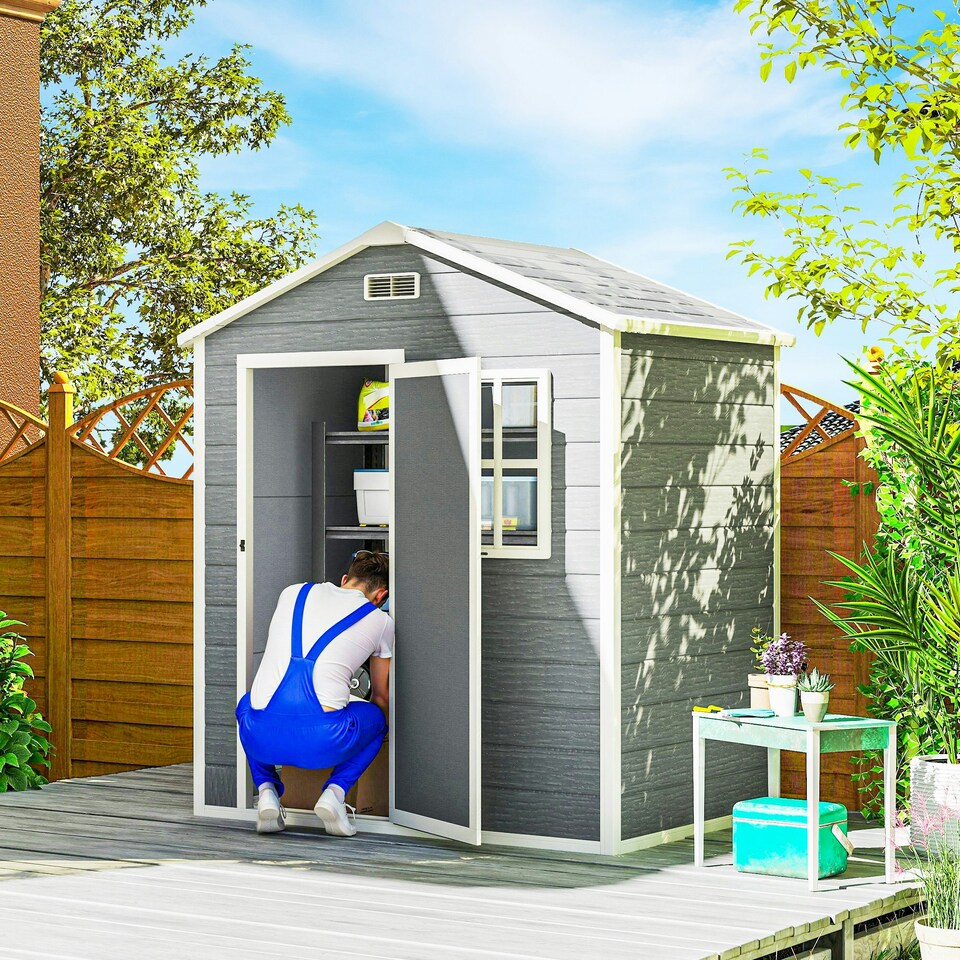image 1 of Outsunny 6 x 4ft Resin Garden Shed with Floor and Window, Grey