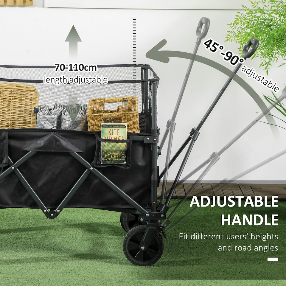image 1 of Outsunny 180L Folding Garden Trolley Wagon Cart w/ Extendable Side Walls, Black