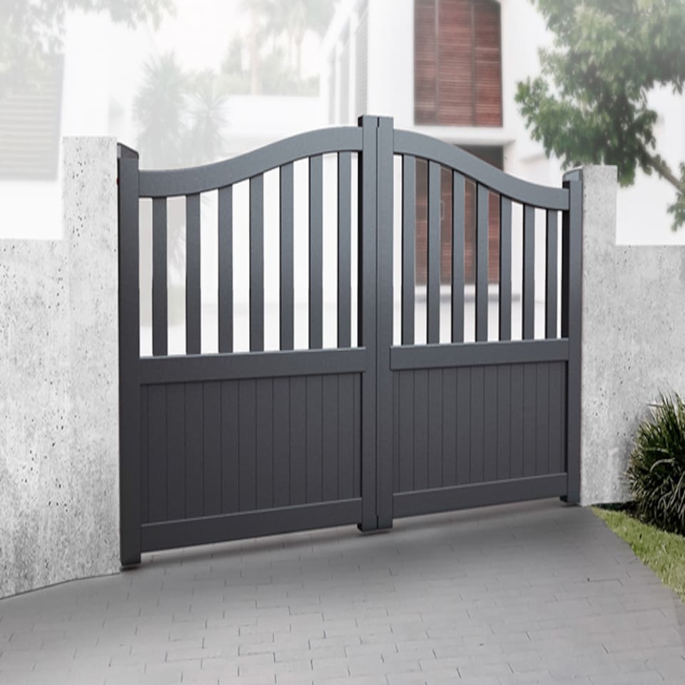 image 1 of Double Swing Gate 3000x1800mm Grey - Partial Privacy Driveway Gate with Vertical Solid Infill and Bell-Curved Top | Grey | 1