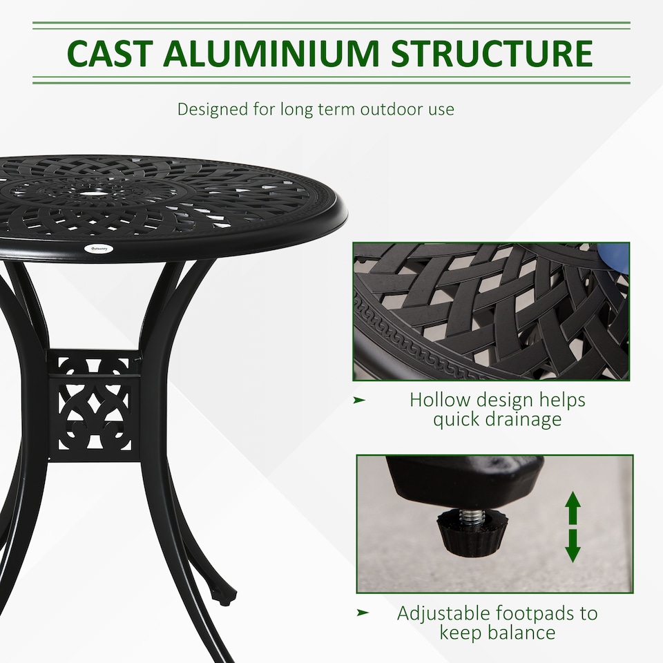 image 1 of Outsunny 78 cm Round Garden Dining Table with Parasol Hole Antique Cast Aluminium Outdoor Table Only, Black