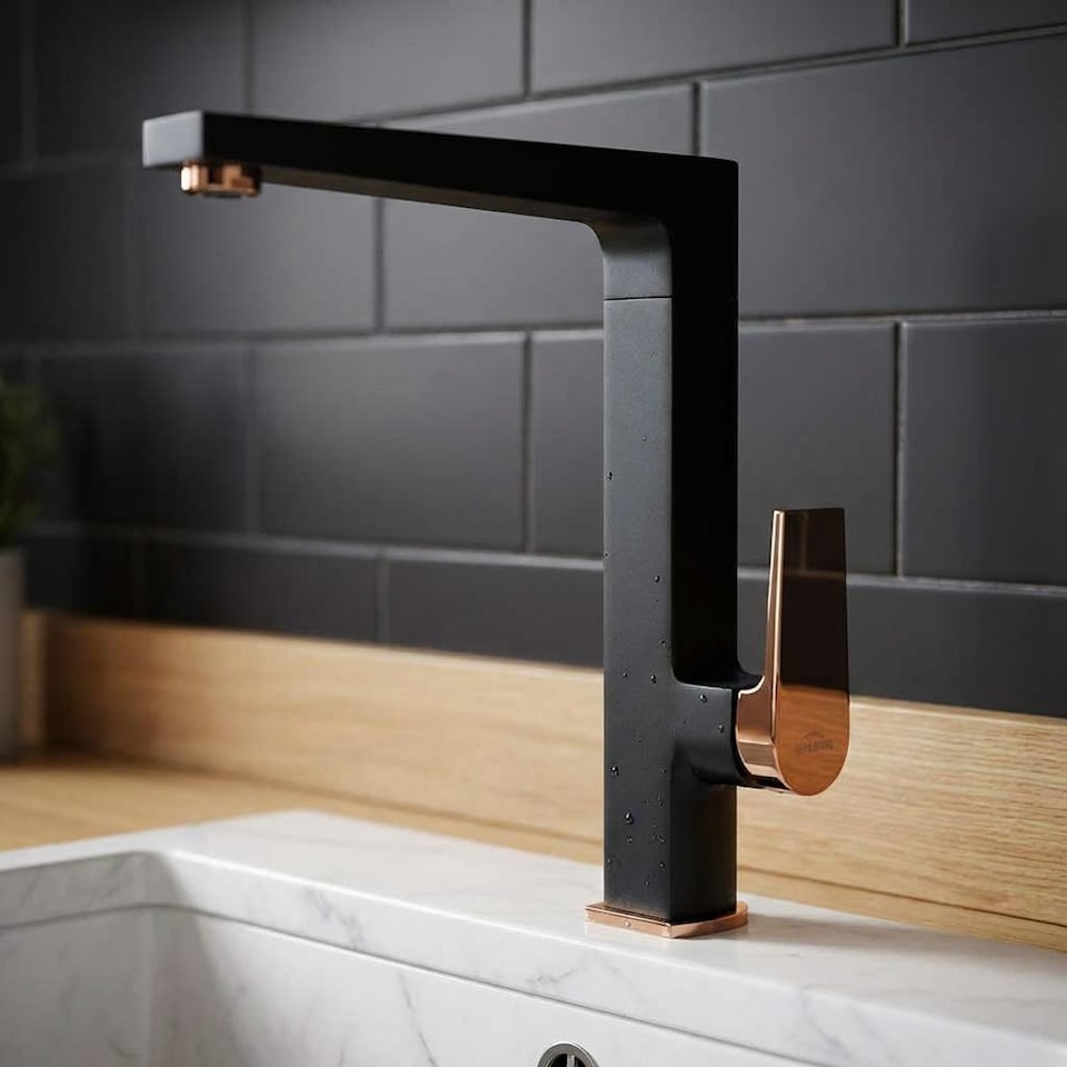 image 1 of Black/Rose Gold Brass Kitchen Sink Faucet Tall Elegant Mixer Tap