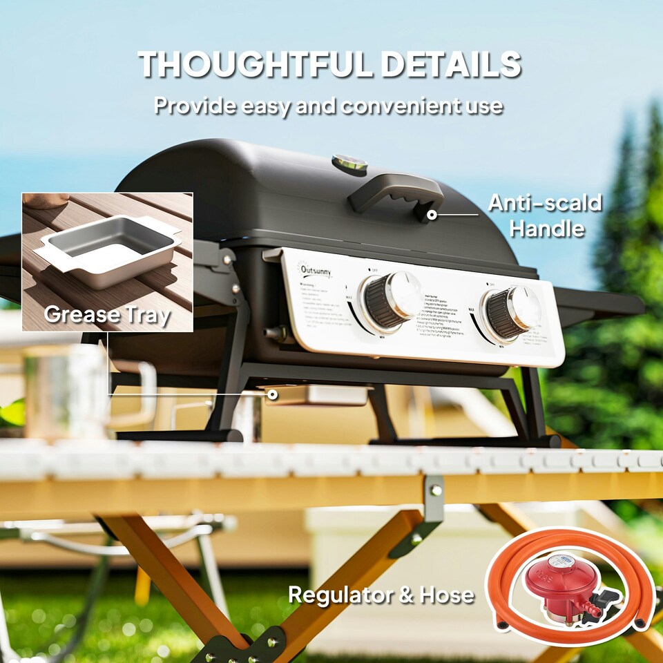 image 1 of Outsunny Portable Tabletop Gas Barbecue Grill with Thermometer, Black