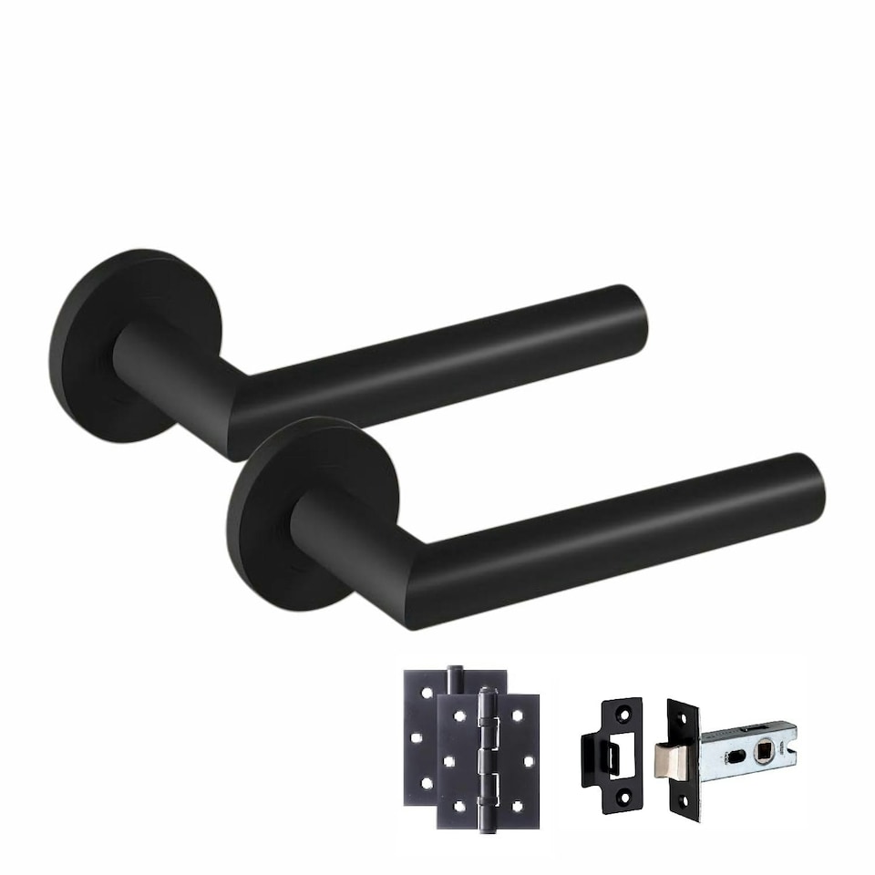 image 1 of Golden Grace 5 Pairs Mitred Design Door Handles on Round Rose in Matt Black Finish with 2.5" Tubular Latch - 52mm Diameter Black