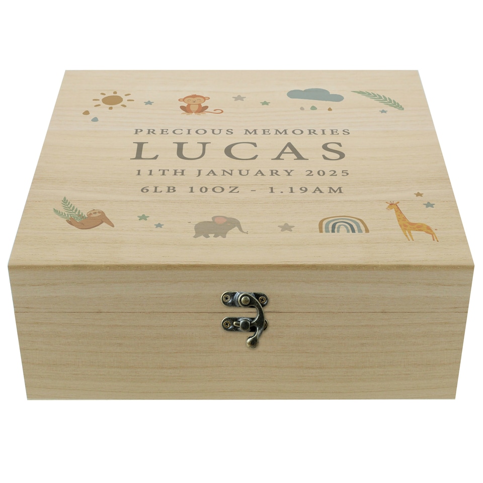 image 1 of Personalised Safari Animals Large Wooden Keepsake Box Brown