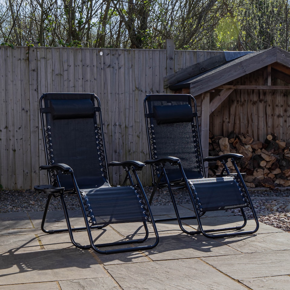 image 1 of Set of 2 Black Multi Position Textoline Zero Gravity Garden Relaxer Chair Lounger | Black | Black