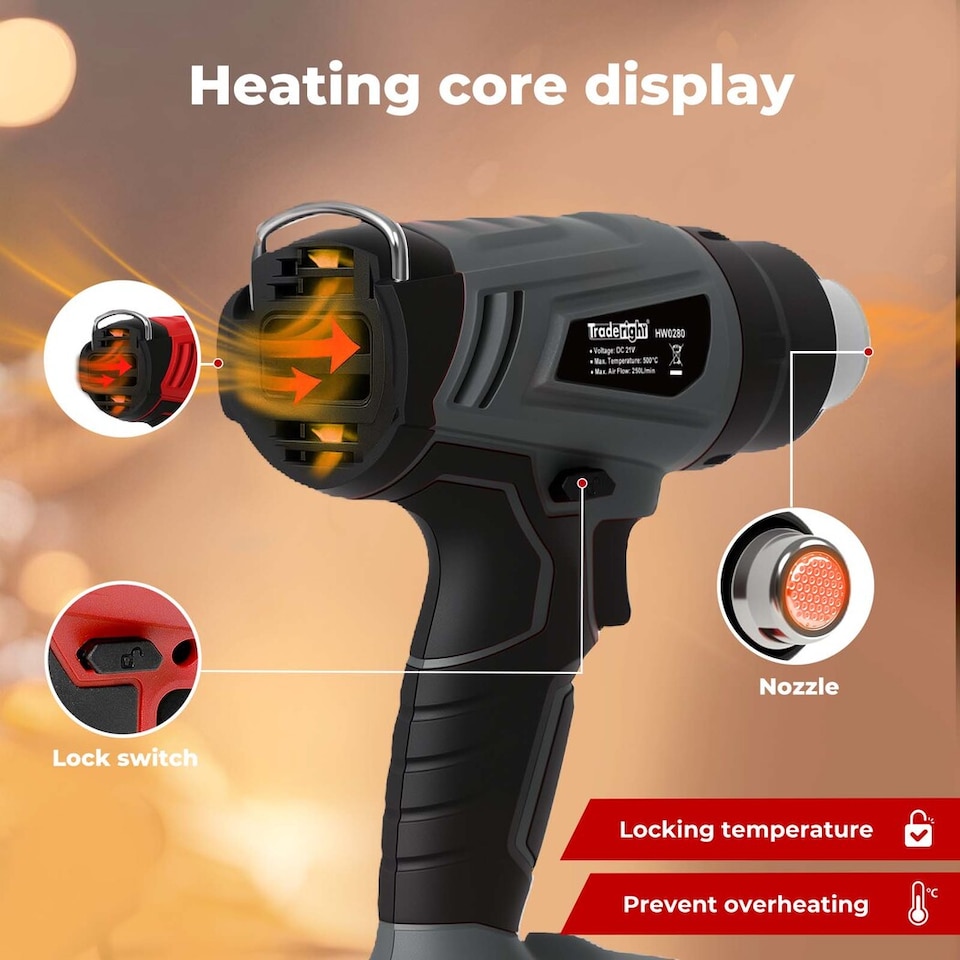 image 1 of Traderight 21V Cordless Heat Gun Handheld Hot Air Tool with 5 Nozzles