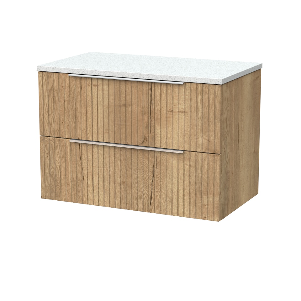 image 1 of Balterley Callingwood Contemporary Wall Hung 2 Drawer Vanity Unit with White Nebula Laminate Worktop , 800mm, Autumn Oak