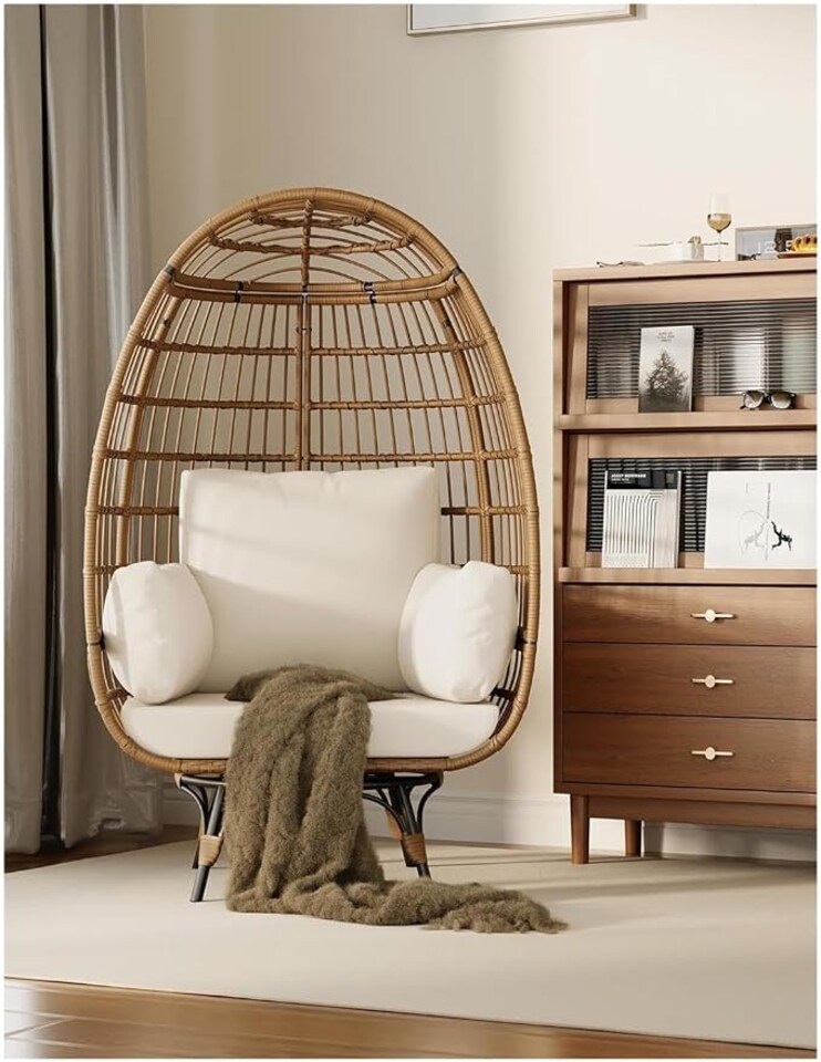 image 1 of London Boutique Oversized Rattan Egg Chair 85x143x95cm - 360° Swivel Patio Lounge Chair with Beige Cushions, All-Weather PE Wicker & 350 lbs Metal Base for Garden & Balcony