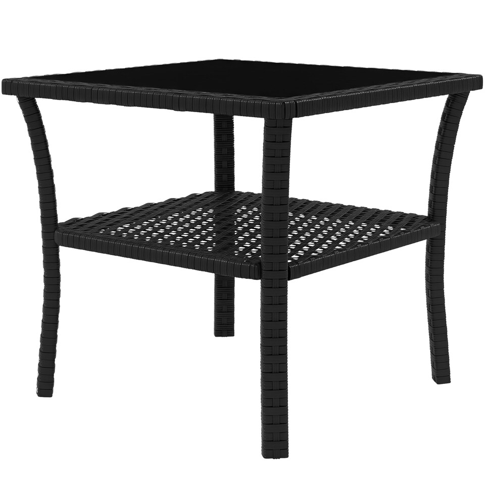 image 1 of Outsunny PE Rattan Coffee Table, Two-tier Side Table with Glass Top, Black | Black | Black | 50L x 50w X 45H cm