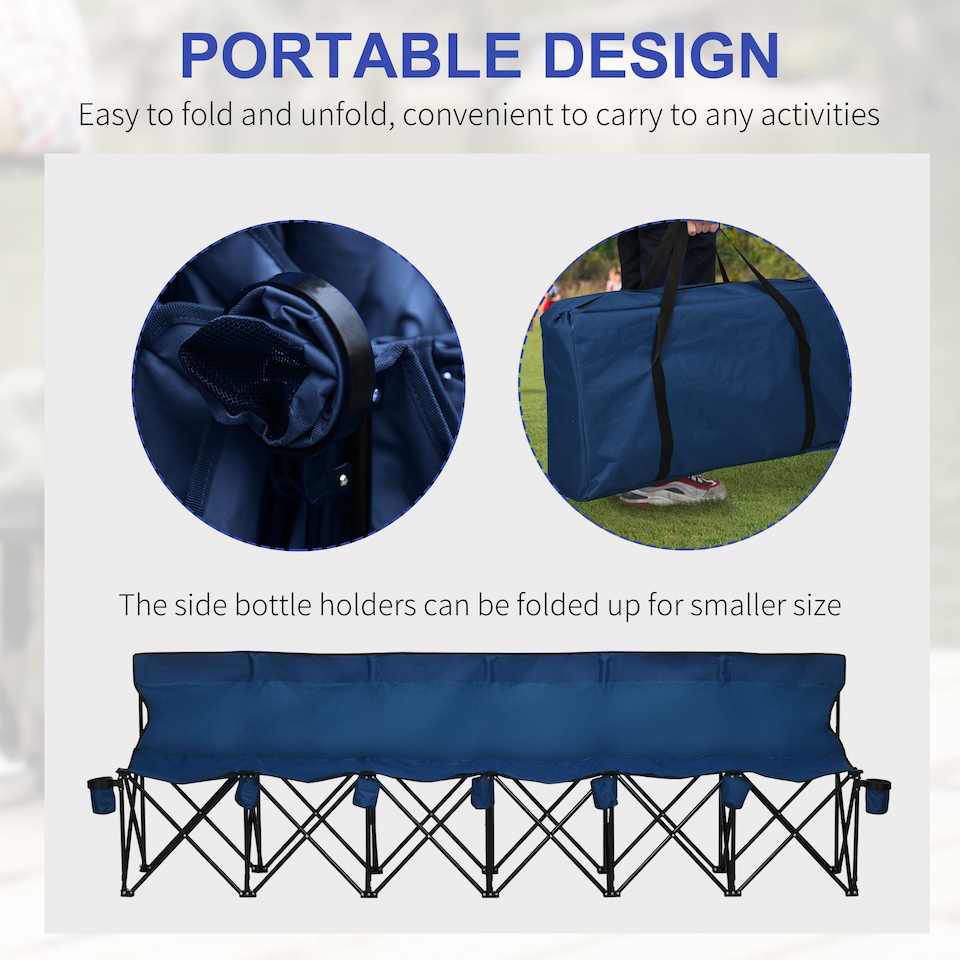 image 1 of Outsunny 6 Seater Folding Bench, Outdoor Camping Chair Portable Sports Spectator Chair with Metal Frame, Cup Holder & Carry Bag, Blue