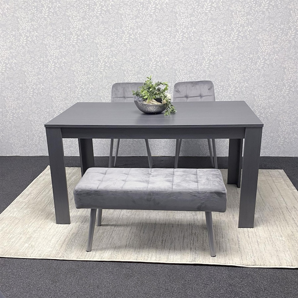 image 1 of Modern Dining Set  Dark Grey Table, Bench and 2 Grey Velvet Chairs