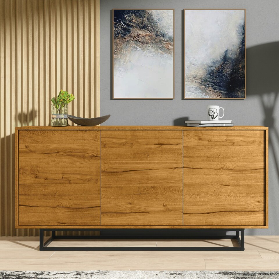 image 1 of Sideboard 160cm Oak Matt Body & Doors – 3 Door Cabinet with Black Metal Legs Bronze