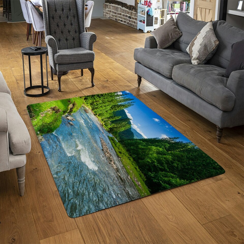 image 1 of landscape with mountains, forest and a river in front. beautiful scenery (Rug) Blue | XL