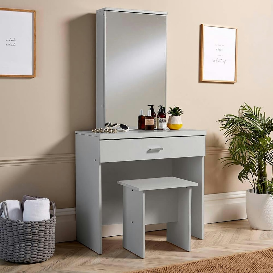 image 1 of Makeup Dressing Table Set With Sliding Storage Space Vanity Mirror and Stool White