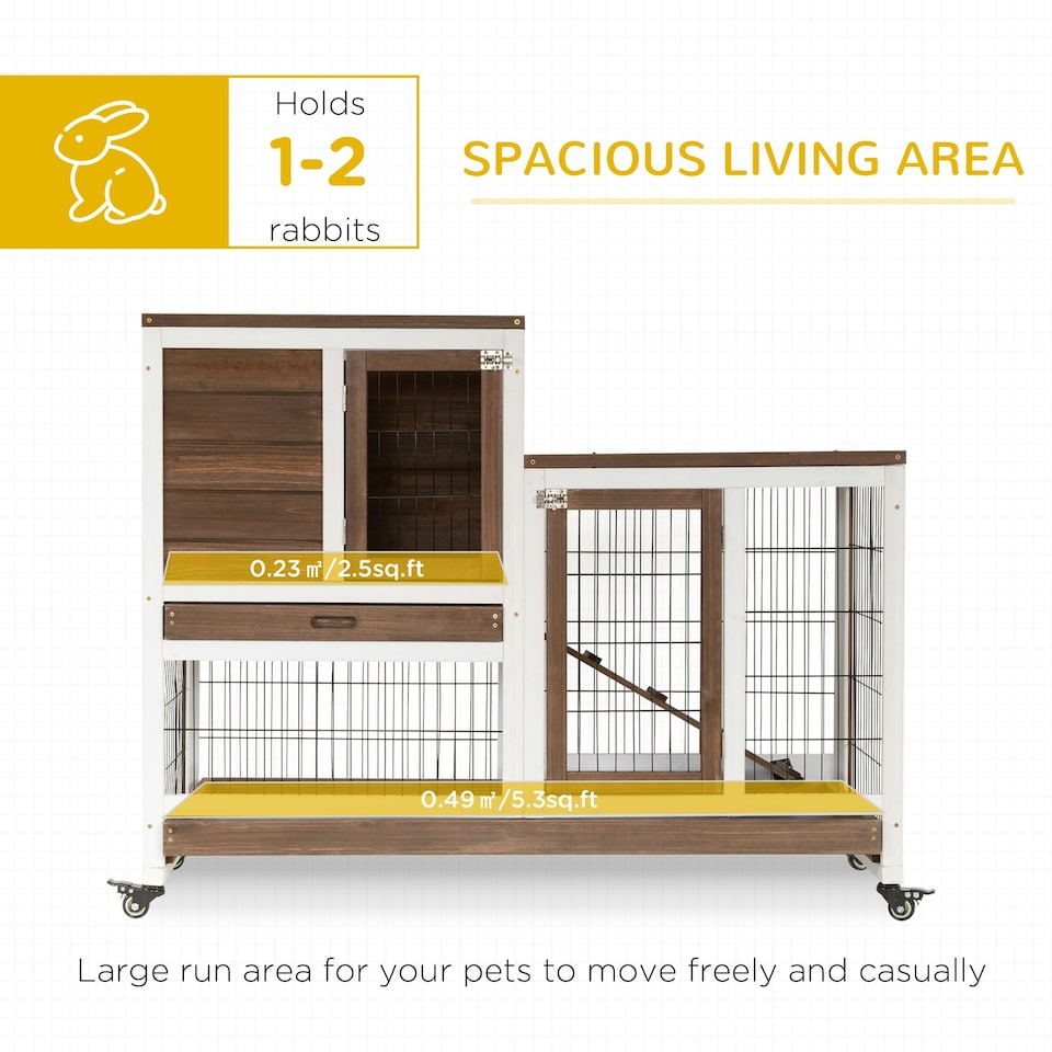 image 1 of PawHut Rabbit Hutch, Guinea Pig House Cage w/ Wheels & Enclosed Run, Brown