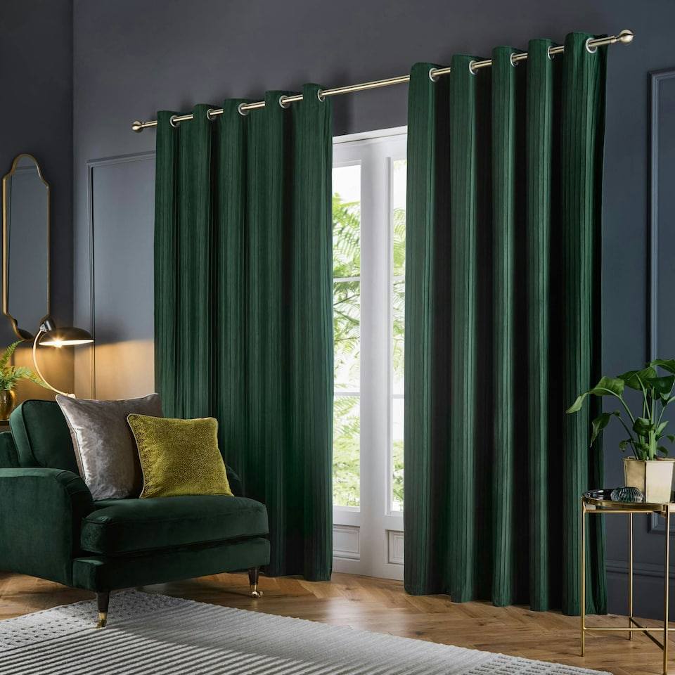 image 1 of Paoletti Corinthian Velvet Room Darkening Deep Green Eyelet Curtains (W)229cm x 183 cm | Multi