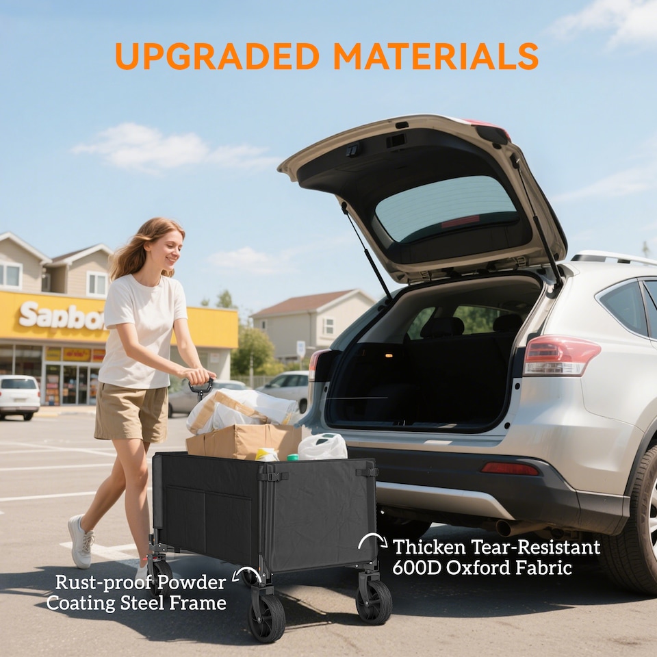 image 1 of Outsunny Folding Trolley on Wheels, Garden Cart with Openable Sides, Black