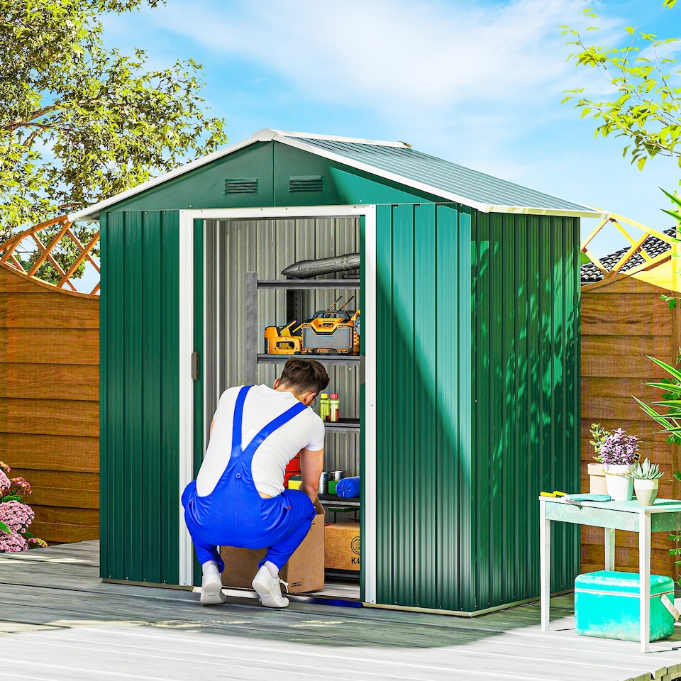 image 1 of Outsunny 6.5 x 3.5ft Metal Garden Shed, Outdoor Storage Shed for Tool Organization with Double Sliding Doors and 4 Vents for Garden, Patio, Green