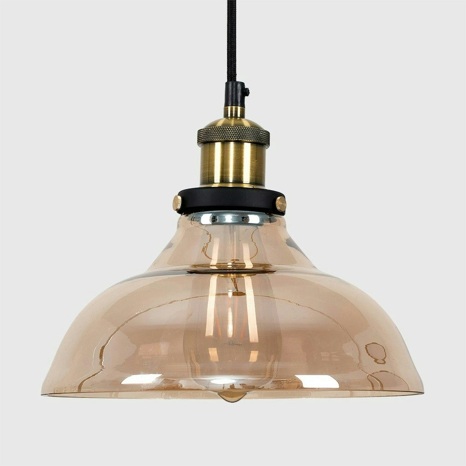 image 1 of ValueLights Wallace Black and Gold Ceiling Light Pendant with Amber Tinted Clear Glass Shade with LED Filament Bulb In Warm White