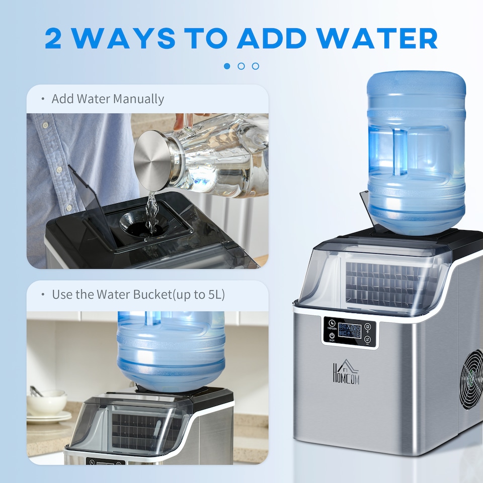 image 1 of HOMCOM 20kgDay Ice Maker Machine Countertop, Stainless Steel Portable Ice Cube Maker, 2 Ways to Add Water, 24 Pcs Ready in 14 Mins, Adjustable Ice Size, Self-Cleaning with Scoop & Basket, 3.2L,Silver