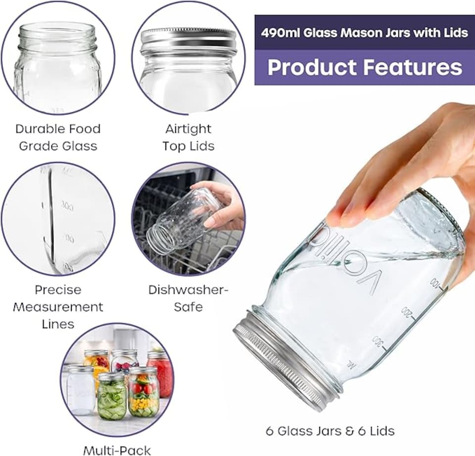 image 1 of Mason Airtight Glass Preserving Jars with Lids, 490ml | Clear | Clear | 500ml - 6 Pack | 6