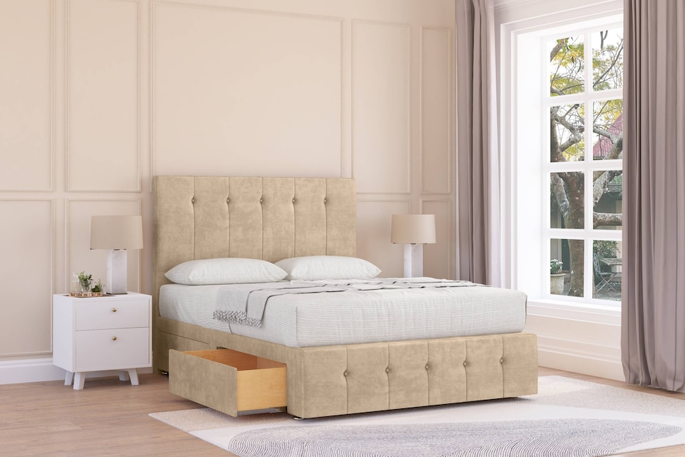 image 1 of Sloomy Cambridge Almond Coniston Divan Bed With Mattress 4 Drawers With 26" Strutted Headboard & 12" Matching Footboard 4' Small Double | Cream | Almond | Small Double | 1