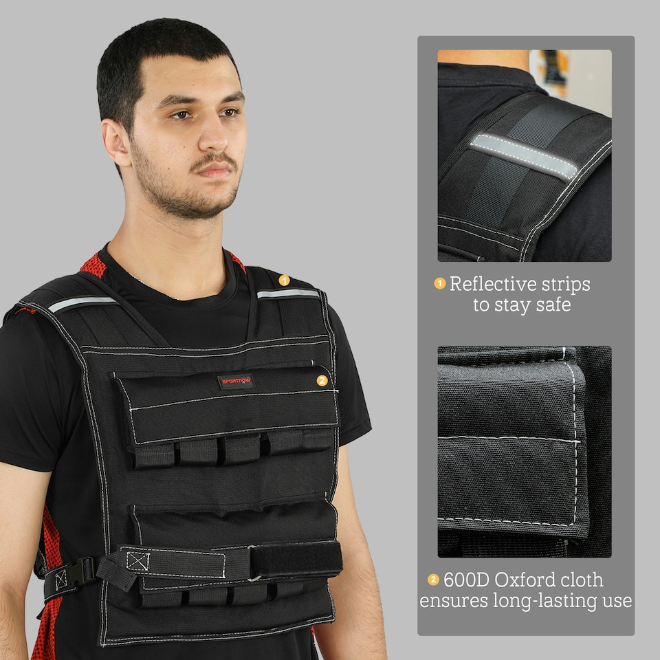 image 1 of 20KG Adjustable Weighted Vest with 20 Metal Weights, Running Weight Vest Black | 50L x 40Wcm