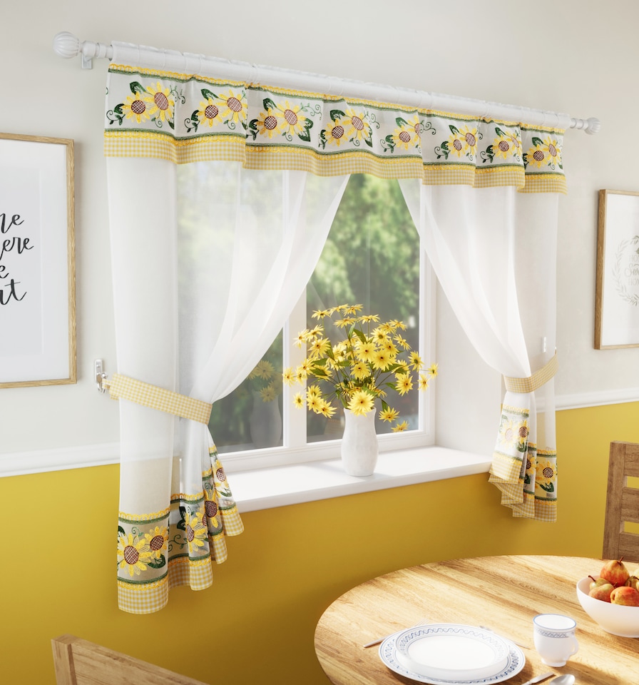 image 1 of Tyrone Textiles Keswick Yellow Floral Embroidery Window Set With Matching Tie Backs - 98x48" (249x122cm)
