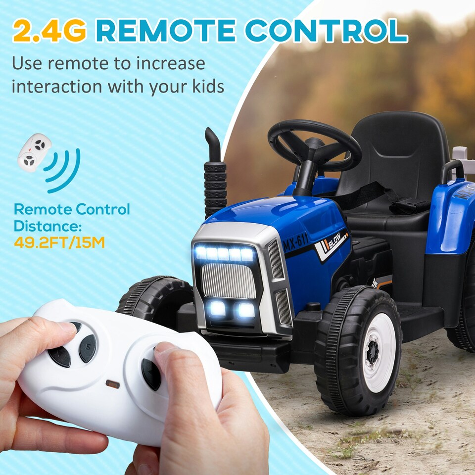 image 1 of HOMCOM Ride On Tractor with Detachable Trailer, Remote Control, Music, Blue