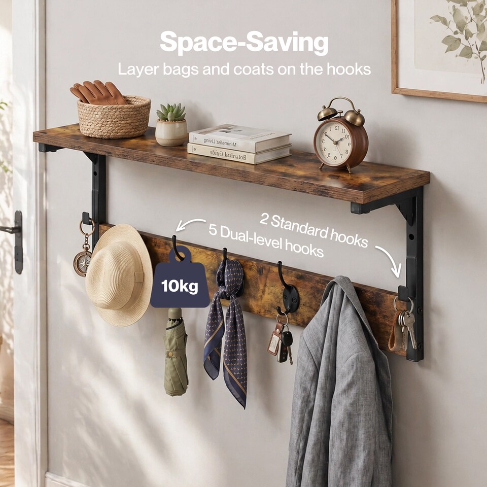 image 1 of Levede Coat Rack Wall Mounted Shelf 7 Hooks Heavy Duty Entryway Storage Brown