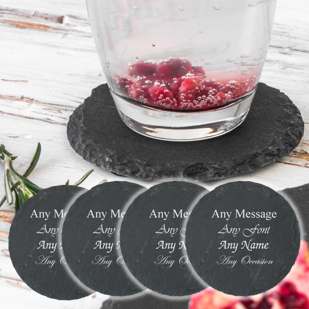 Uniqueful Personalised Round Natural Slate Drinks Coaster Set of 4 Birthday in Black