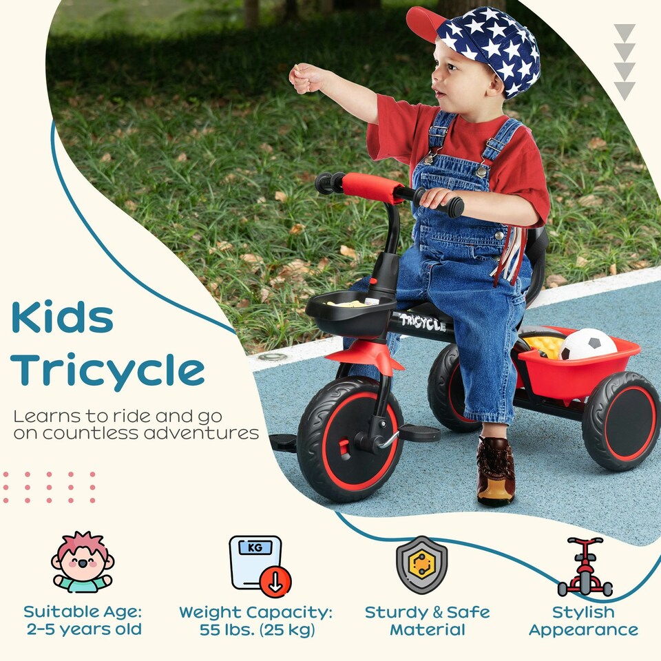 image 1 of AIYAPLAY Kids Trike for 2 to 5 Years with Adjustable Seat, Baskets, Red