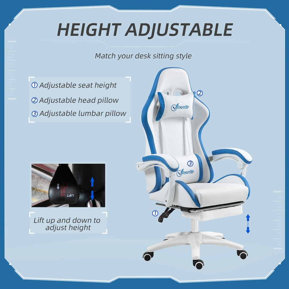 image 1 of Vinsetto Racing Style Gaming Chair with Reclining Function Footrest, Blue
