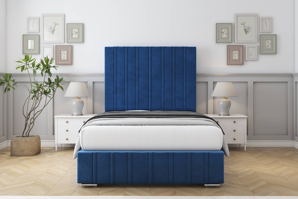 image 1 of Sloomy Langston Navy Plush Bed Frame With Mattress With 50" Upholstered Headboard 3' Single