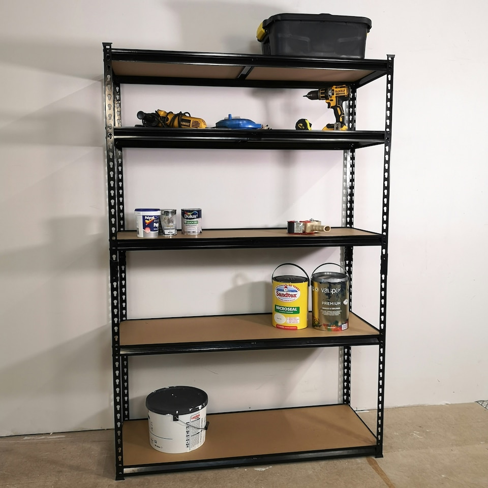 image 1 of Garage Shelving 122cm Wide & 183cm High Heavy Duty 5 Tier Multipurpose Metal Racking Unit / Warehouse Shelving Storage in Black