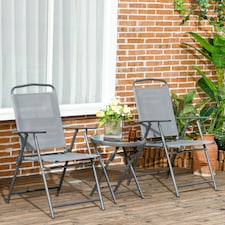 Outsunny Garden Bistro Set, 3 Pieces Table and Chairs Set, Outdoor Garden Furniture with Foldable Breathable Mesh Fabric Armchairs & Glass Top Coffee Table | Grey