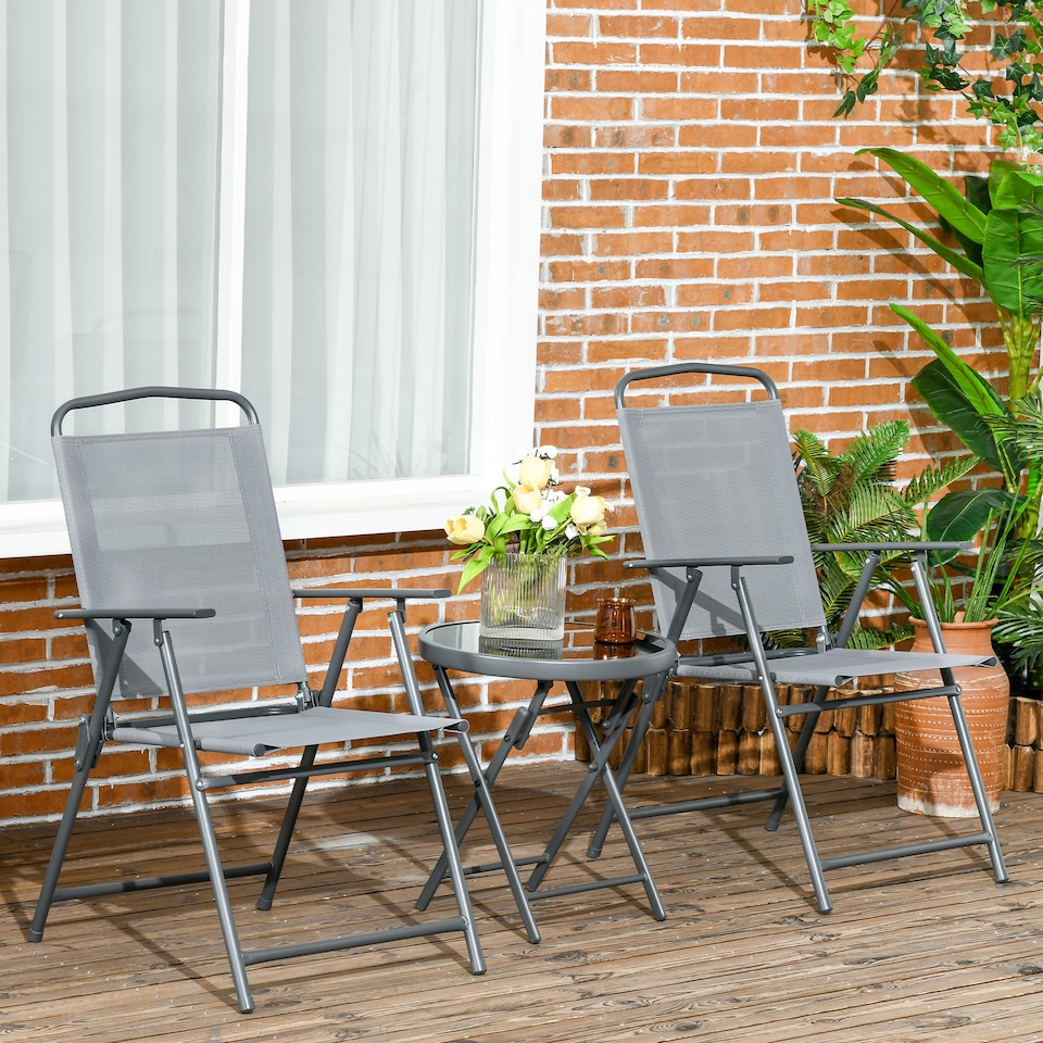 image 1 of Outsunny Garden Bistro Set, 3 Pieces Table and Chairs Set, Outdoor Garden Furniture with Foldable Breathable Mesh Fabric Armchairs & Glass Top Coffee Table | Grey