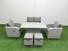 Fimous Light Grey PE Wicker Rattan Garden Furniture Set Sofa Set Reclining Chair Adjustable Lifting Dining or Coffee Table 6 Seater 2 Small Stools