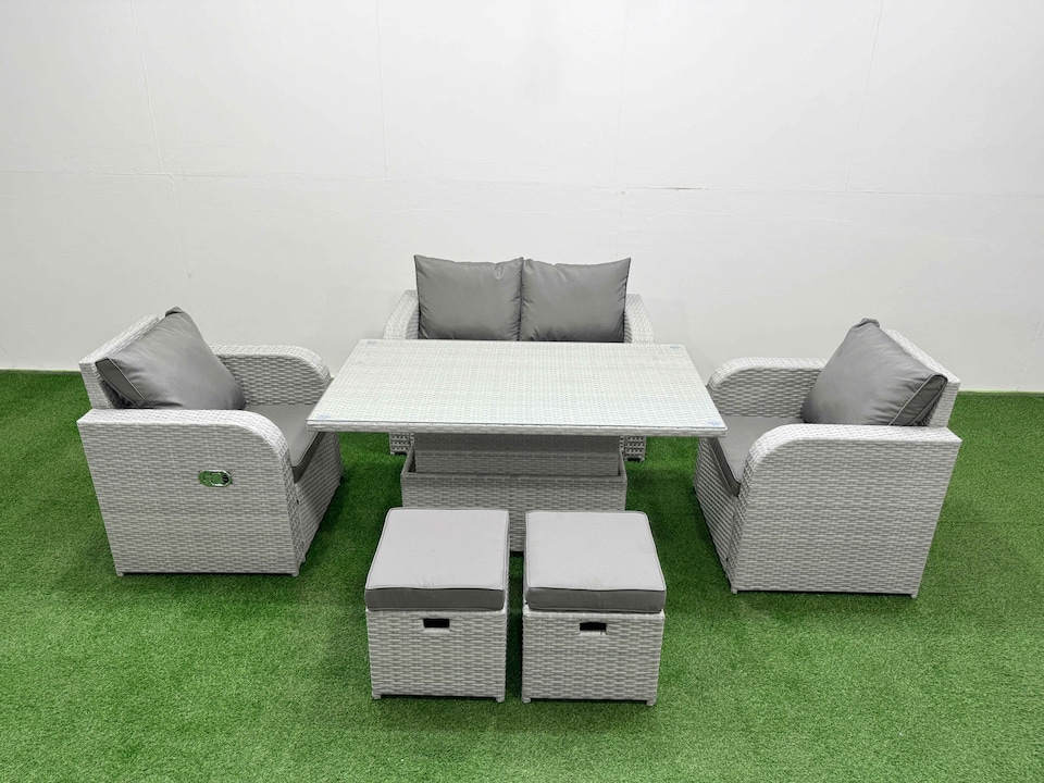 image 1 of Fimous Light Grey PE Wicker Rattan Garden Furniture Set Sofa Set Reclining Chair Adjustable Lifting Dining or Coffee Table 6 Seater 2 Small Stools