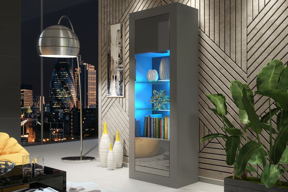 image 1 of Display Cabinet Bookcase Sideboard Storage Cabinet Cupboard Grey High Gloss LED 170cm
