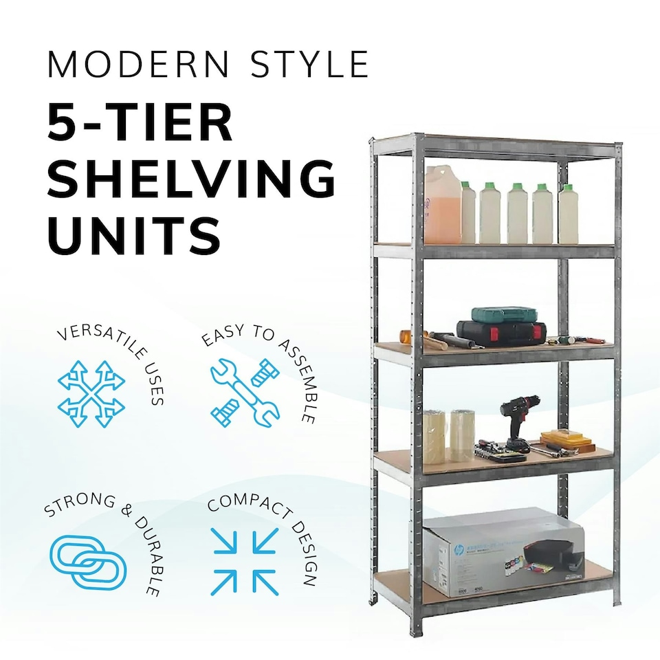 image 1 of Boltless 5 Tier Shelving Racking Heavy Duty Steel Shelf Unit Shed Garage Home Silver