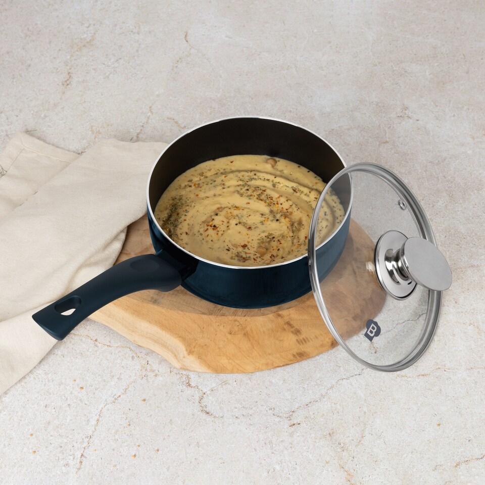 image 1 of Blaumann Cookware Frying Grill Pots Pan Saucepan Casserole Soft Touch Handle Lid | Black | Aquamarine | 18x8cm - Saucepan with Glass Lid - 1.65L