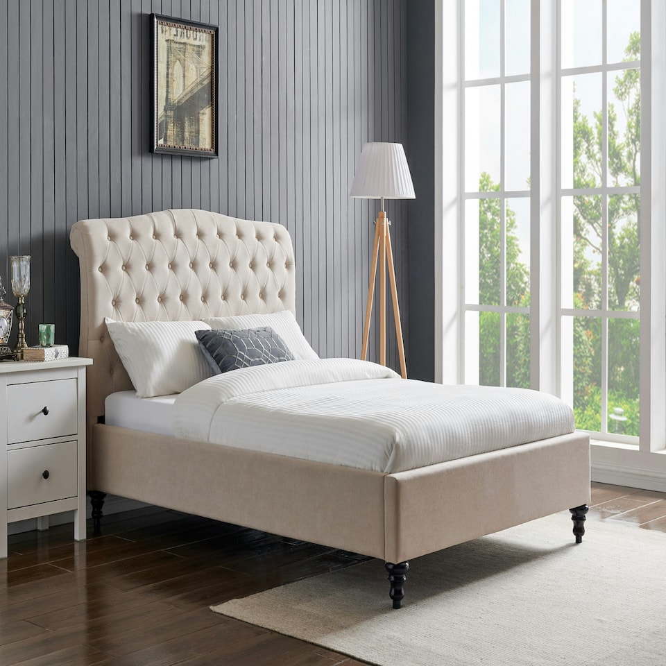image 1 of 6ft Super King Fabric upholstered, natural beige,buttoned back,curved bed frame,bedstead