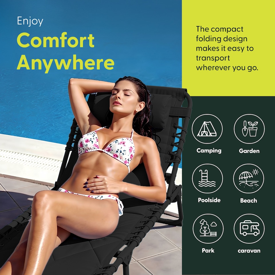 image 1 of Keplin Quilted Foldable Sun Lounger Padded Garden Chair with 4 Reclining Positions